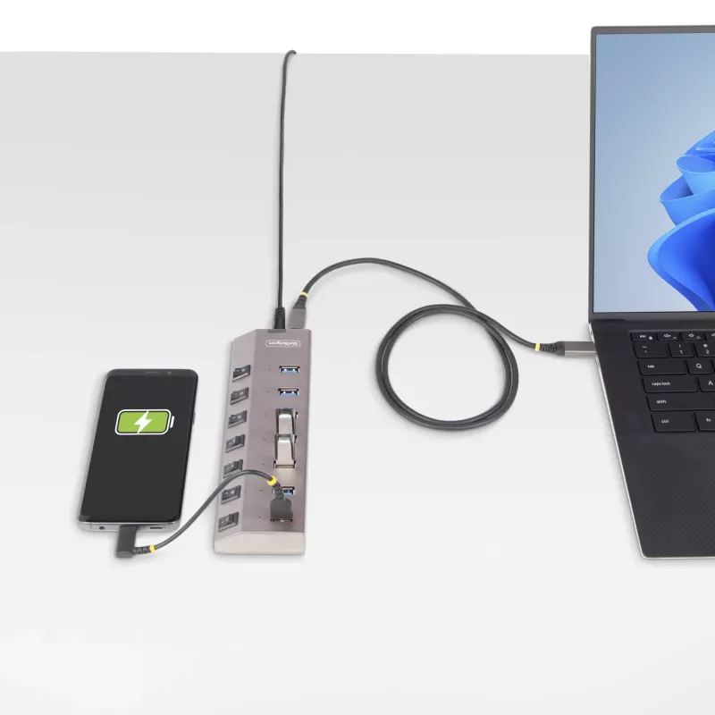 StarTech.com 7-pordiline toitega USB-C jaotur individuaalsete sisse-/väljalülituslülititega, USB 3.0 5 Gbps laiendusjaotur toiteplokiga, laua-/sülearvuti USB-C–USB-A jaotur, USB USB-C jaotur BC 1.2-ga