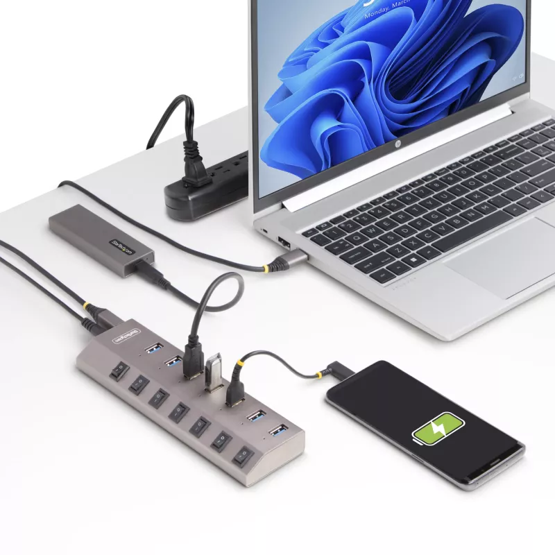 StarTech.com 7-pordiline toitega USB-C jaotur individuaalsete sisse-/väljalülituslülititega, USB 3.0 5 Gbps laiendusjaotur toiteplokiga, laua-/sülearvuti USB-C–USB-A jaotur, USB USB-C jaotur BC 1.2-ga
