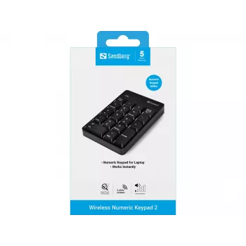Sandberg Wireless Numeric Keypad 2, RF-juhtmevaba, 18, Sülearvuti/PC, Must