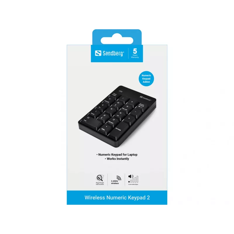 Sandberg Wireless Numeric Keypad 2, RF-juhtmevaba, 18, Sülearvuti/PC, Must
