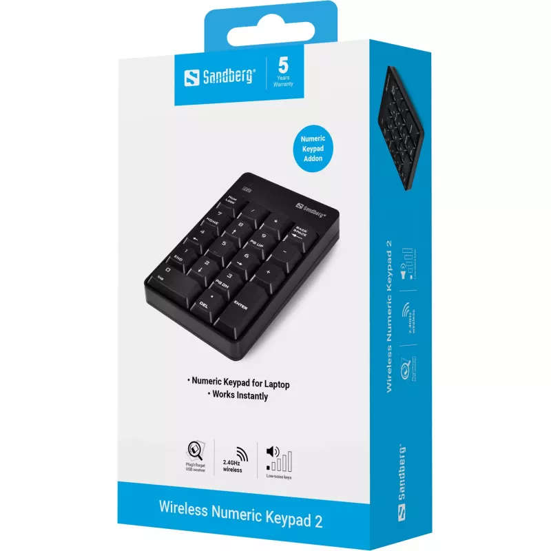 Sandberg Wireless Numeric Keypad 2, RF-juhtmevaba, 18, Sülearvuti/PC, Must