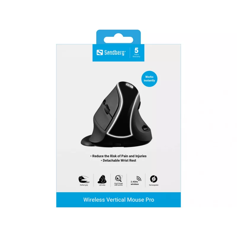 Sandberg Wireless Vertical hiir Pro, paremakäeline, vertikaalne disain, optiline, RF-juhtmevaba, 1600 DPI, must