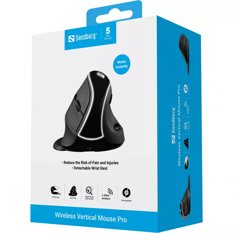 Sandberg Wireless Vertical hiir Pro, paremakäeline, vertikaalne disain, optiline, RF-juhtmevaba, 1600 DPI, must