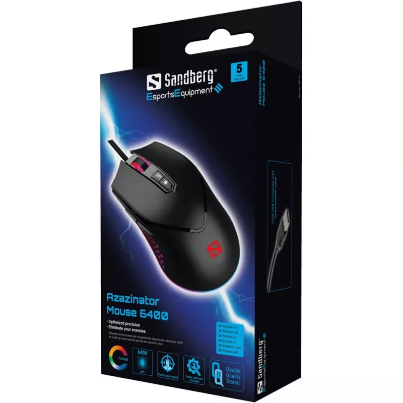 Sandberg Azazinator hiir 6400, paremakäeline, USB Type-A, 6400 DPI, must