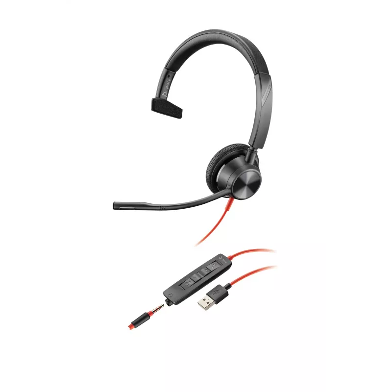 HP Poly Poly Blackwire 3315 USB-A peakomplekt, juhtmega, 20 - 20000 Hz, kontor/kõnekeskus, 102 g, peakomplekt, must, punane