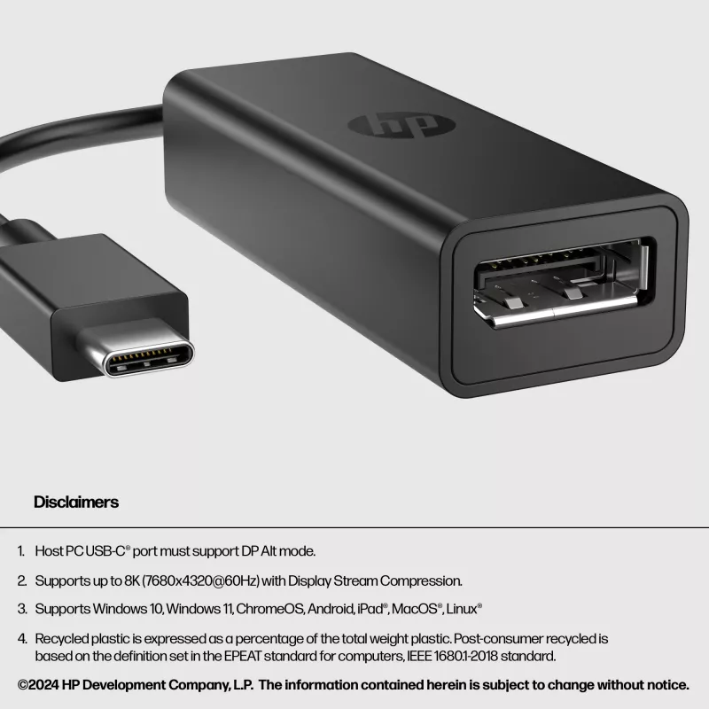 HP USB-C to DisplayPort Adapter G2, 0,12 m, DisplayPort, USB USB-C, Emane, Isane, 7680 x 4320 pikslit
