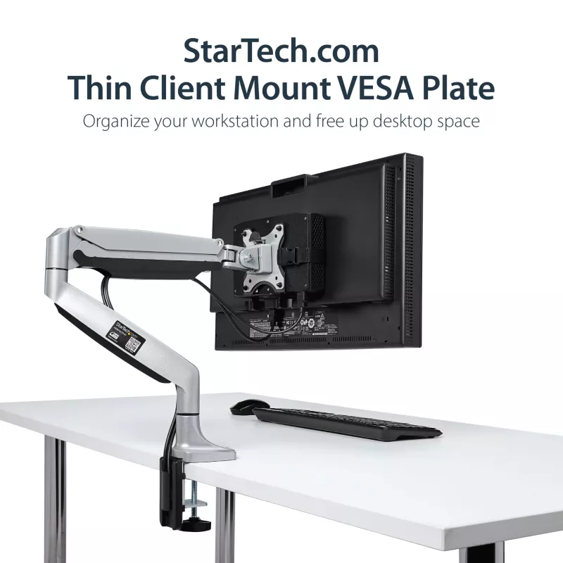 StarTech.com õhukese kliendi kinnitus – VESA kinnitusklamber, monitori alusele kinnitatav protsessorihoidik, väike lauaarvuti, 5 kg, 75 x 75, 100 x 100 mm, must, plast, teras