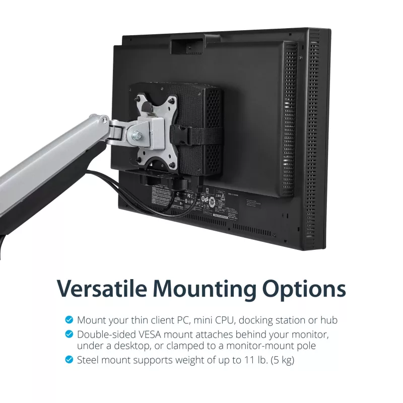 StarTech.com õhukese kliendi kinnitus – VESA kinnitusklamber, monitori alusele kinnitatav protsessorihoidik, väike lauaarvuti, 5 kg, 75 x 75, 100 x 100 mm, must, plast, teras