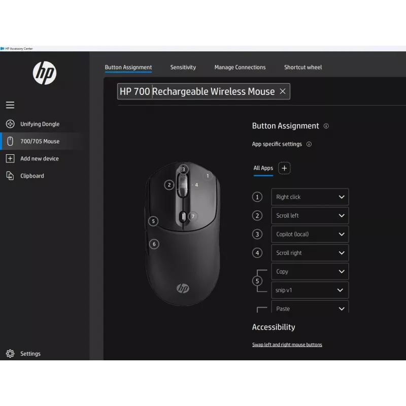 HP 700 laetav juhtmevaba hiir, mõlemakäeline, RF juhtmevaba + Bluetooth, 6000 DPI, must