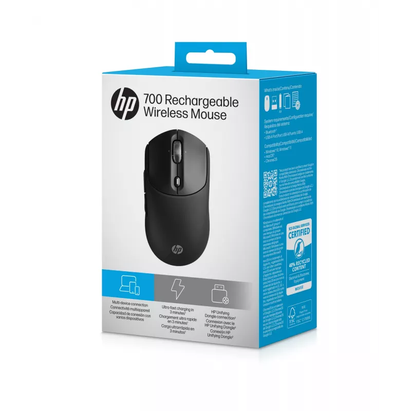 HP 700 laetav juhtmevaba hiir, mõlemakäeline, RF juhtmevaba + Bluetooth, 6000 DPI, must