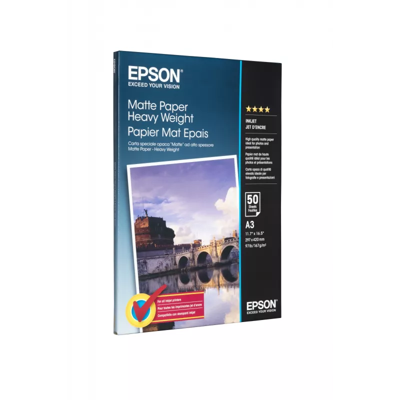Epson Matte Paper Heavy Weight, DIN A3, 167g/m², 50 lehte, tindiprinteri, A3 (297x420 mm), Matt, 50 lehte, 167 g/m², Valge