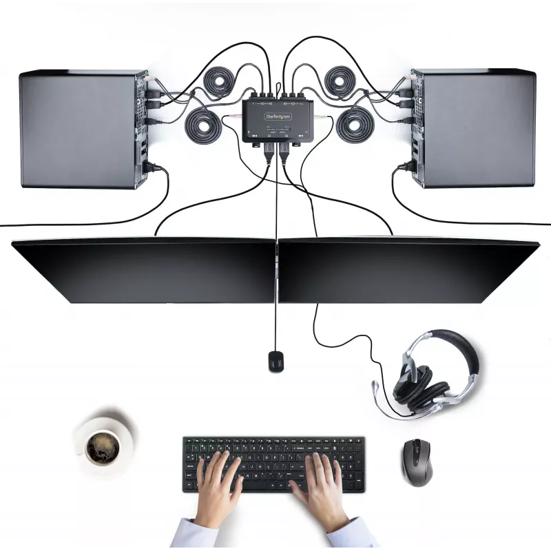 StarTech.com 2-pordine kahe monitoriga DisplayPort-kaabliga KVM-lüliti, 4K 60 Hz, kompaktne KVM integreeritud 1,5 m USB-A/DisplayPort/helikaablitega, siinitoide – kaugjuhtimisnupp/kiirklahvlülitus