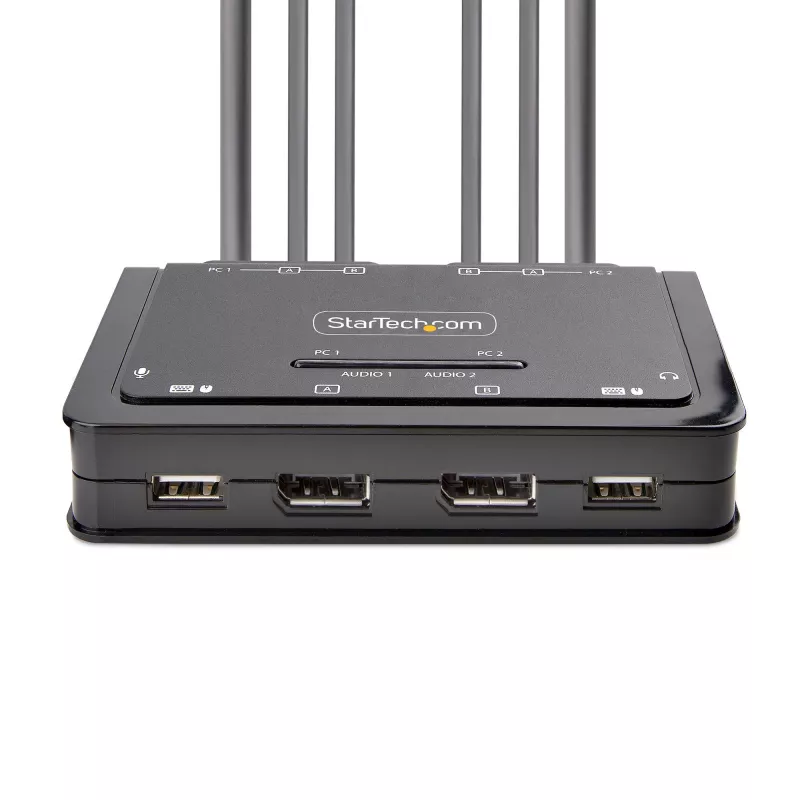 StarTech.com 2-pordine kahe monitoriga DisplayPort-kaabliga KVM-lüliti, 4K 60 Hz, kompaktne KVM integreeritud 1,5 m USB-A/DisplayPort/helikaablitega, siinitoide – kaugjuhtimisnupp/kiirklahvlülitus