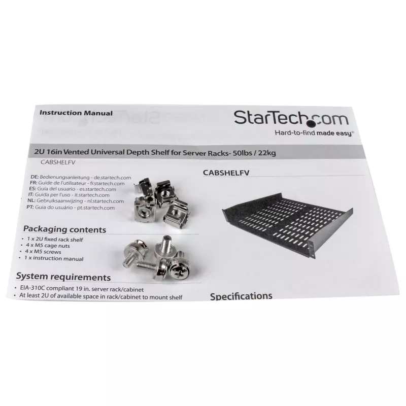 StarTech.com 2U serveririiul - universaalne ventileeritav riiulile paigaldatav konsoolalus 19-tollise võrguseadmete riiuli ja kapi jaoks - tugev teras - kandevõime 50 naela / 23 kg - 16 tolli sügav riiul, must