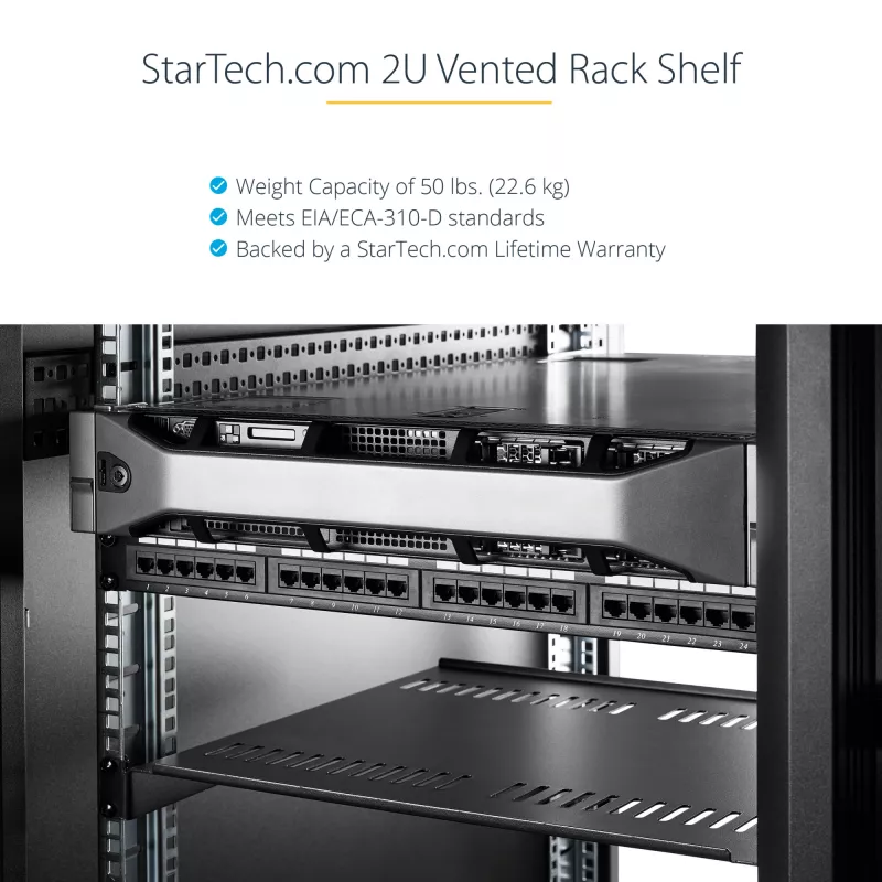 StarTech.com 2U serveririiul - universaalne ventileeritav riiulile paigaldatav konsoolalus 19-tollise võrguseadmete riiuli ja kapi jaoks - tugev teras - kandevõime 50 naela / 23 kg - 16 tolli sügav riiul, must