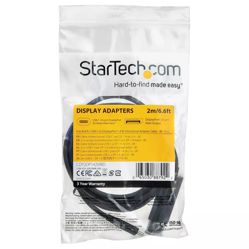 StarTech.com 6 jala (2 m) USB-C kuni DisplayPort 1.4 kaabel 8K 60Hz/4K – Kahesuunaline DP USB-C-le või USB-C DP-le pööratav videoadapterkaabel – HBR3/HDR/DSC – USB USB-C/TB3 monitorikaabel (CDP2DP142MBD)