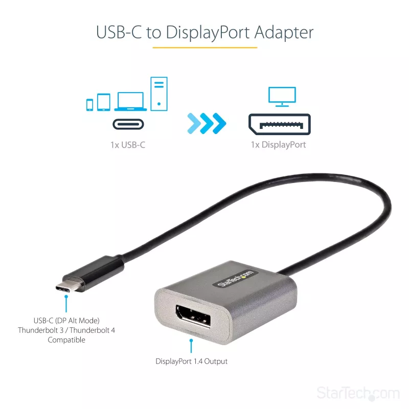 StarTech.com USB-C - DisplayPort adapter - 8K/4K 60 Hz USB-C - DisplayPort 1.4 adapterdongel - USB USB-C - DP monitorivideomuundur - töötab Thunderbolt 3-ga - 12 inch pika kaabliga