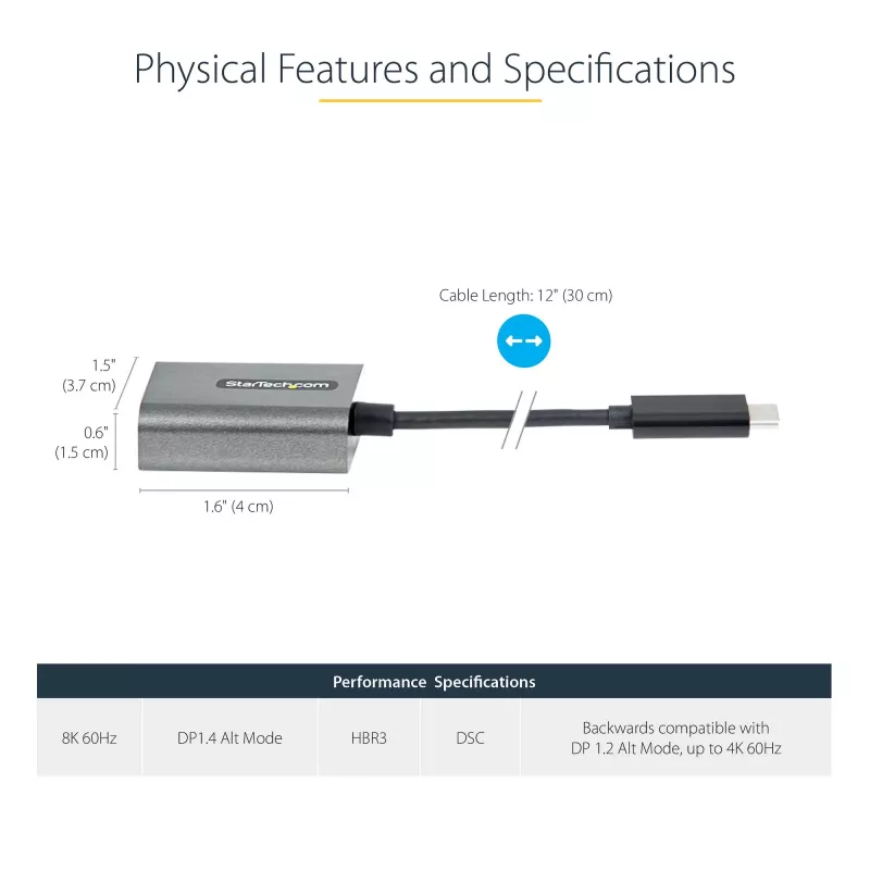 StarTech.com USB-C - DisplayPort adapter - 8K/4K 60 Hz USB-C - DisplayPort 1.4 adapterdongel - USB USB-C - DP monitorivideomuundur - töötab Thunderbolt 3-ga - 12 inch pika kaabliga