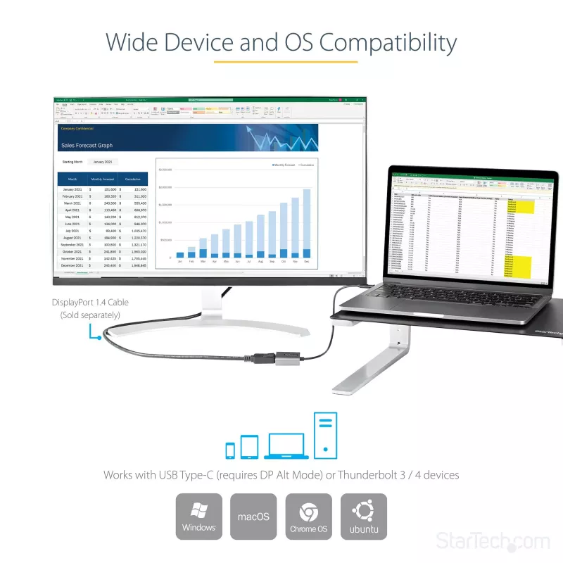 StarTech.com USB-C - DisplayPort adapter - 8K/4K 60 Hz USB-C - DisplayPort 1.4 adapterdongel - USB USB-C - DP monitorivideomuundur - töötab Thunderbolt 3-ga - 12 inch pika kaabliga