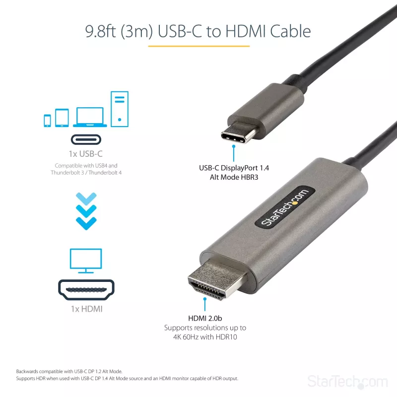 StarTech.com 10ft (3m) USB-C HDMI-kaabel 4K 60Hz HDR10-ga – Ultra HD USB Type-C–4K HDMI 2.0b video adapterkaabel – USB-C–HDMI HDR monitor/ekraani muundur – DP 1.4 Alt Mode HBR3