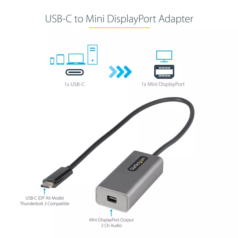 StarTech.com USB-C–Mini DisplayPort adapter – 4K 60 Hz USB-C–mDP adapterdongel – USB USB-C–Mini DP monitor – videomuundur – töötab Thunderbolt 3-ga – 12-tolline (30 cm) kinnitatud kaabel – CDP2MDP täiustatud versioon