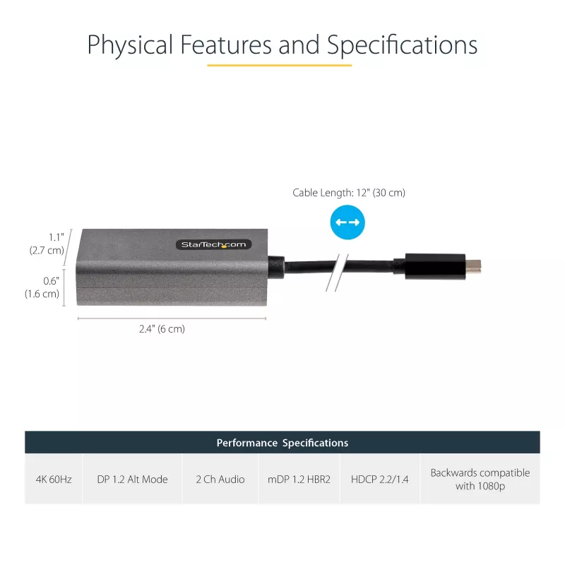 StarTech.com USB-C–Mini DisplayPort adapter – 4K 60 Hz USB-C–mDP adapterdongel – USB USB-C–Mini DP monitor – videomuundur – töötab Thunderbolt 3-ga – 12-tolline (30 cm) kinnitatud kaabel – CDP2MDP täiustatud versioon