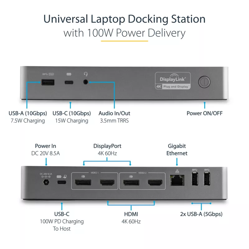 StarTech.com universaalne sülearvuti dokkimisjaam, hübriidne USB-C ja USB-A dokk, kahe 4K DP ja HDMI, 100W PD, Mac / Windows / Chrome OS, 4x USB 5Gbps jaotur, GbE