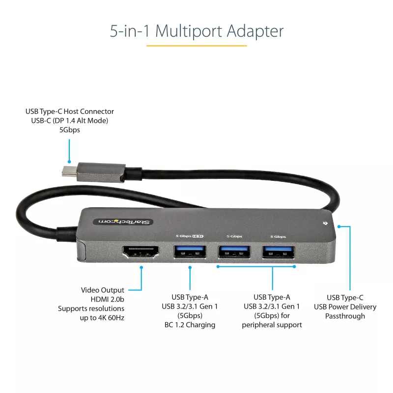 StarTech.com USB-C multiliidese adapter - USB-C HDMI 2.0b 4K 60Hz (HDR10), 100W Power Delivery läbipääs, 4-pordiline USB 3.0 jaotur - USB-C tüüpi minidokk - 12-tolline (30 cm) pikk ühendatud kaabel