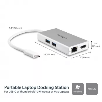 StarTech.com USB-C multipordiadapter – USB-C reisidokk jaam 4K HDMI-ga – 60 W toiteedastus, GbE, 2x USB-A 3.0 jaotur – kaasaskantav mini USB-C dokk sülearvutile – valge