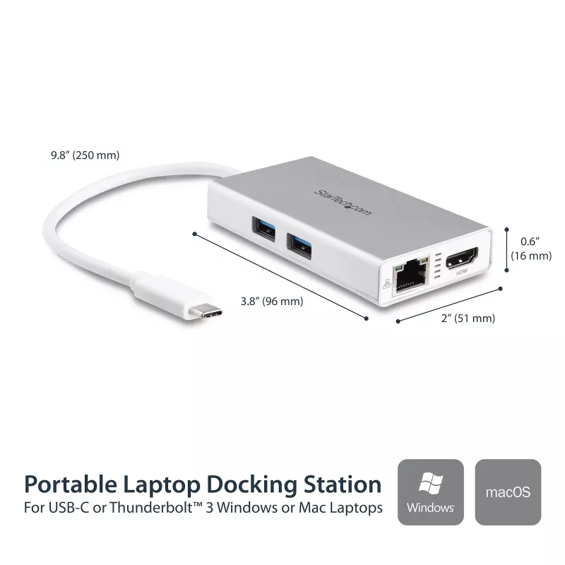 StarTech.com USB-C multipordiadapter – USB-C reisidokk jaam 4K HDMI-ga – 60 W toiteedastus, GbE, 2x USB-A 3.0 jaotur – kaasaskantav mini USB-C dokk sülearvutile – valge