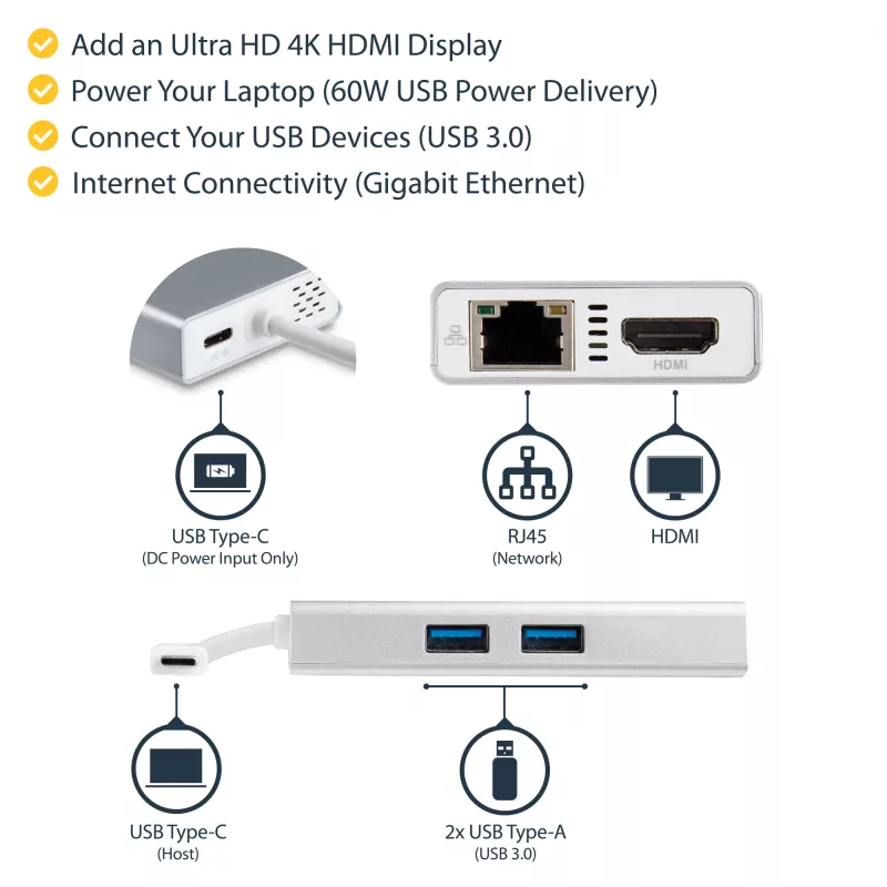 StarTech.com USB-C multipordiadapter – USB-C reisidokk jaam 4K HDMI-ga – 60 W toiteedastus, GbE, 2x USB-A 3.0 jaotur – kaasaskantav mini USB-C dokk sülearvutile – valge