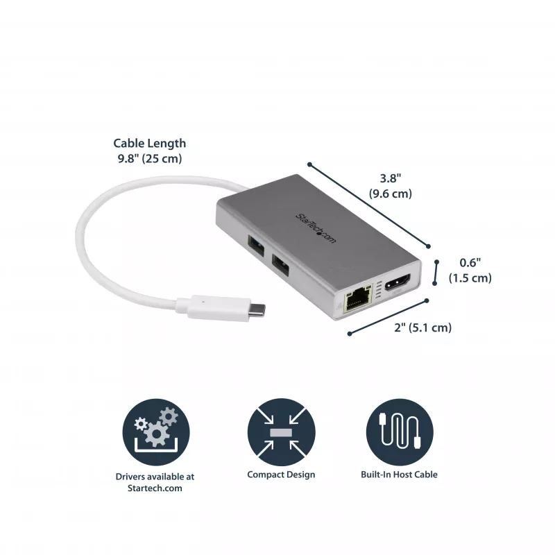 StarTech.com USB-C multipordiadapter – USB-C reisidokk jaam 4K HDMI-ga – 60 W toiteedastus, GbE, 2x USB-A 3.0 jaotur – kaasaskantav mini USB-C dokk sülearvutile – valge