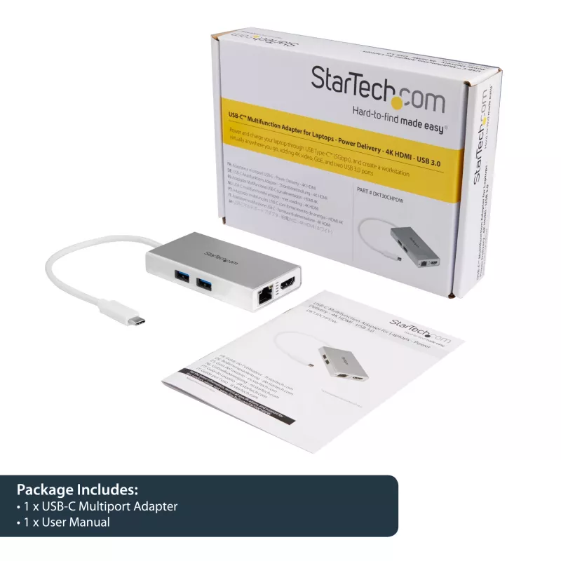 StarTech.com USB-C multipordiadapter – USB-C reisidokk jaam 4K HDMI-ga – 60 W toiteedastus, GbE, 2x USB-A 3.0 jaotur – kaasaskantav mini USB-C dokk sülearvutile – valge