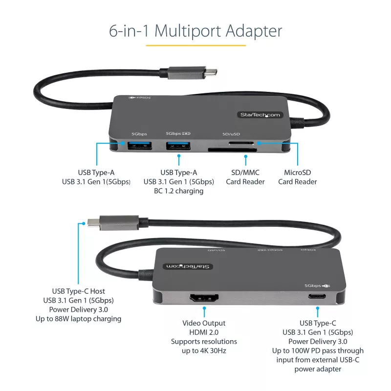 StarTech.com USB C mitmepordialadapter – USB-C 4K HDMI-le, 100 W toiteedastuse läbipääs, SD/microSD pesa, 3-pordiline USB 3.0 jaotur – USB USB-C minidokk – 12-tolline (30 cm) pikk ühendatud kaabel