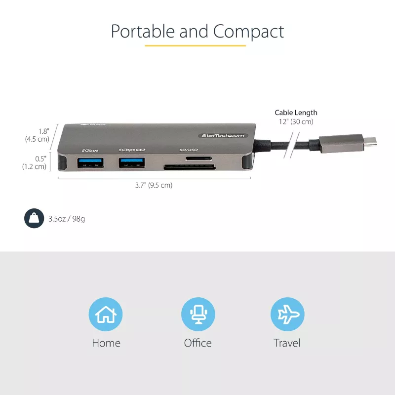 StarTech.com USB C mitmepordialadapter – USB-C 4K HDMI-le, 100 W toiteedastuse läbipääs, SD/microSD pesa, 3-pordiline USB 3.0 jaotur – USB USB-C minidokk – 12-tolline (30 cm) pikk ühendatud kaabel