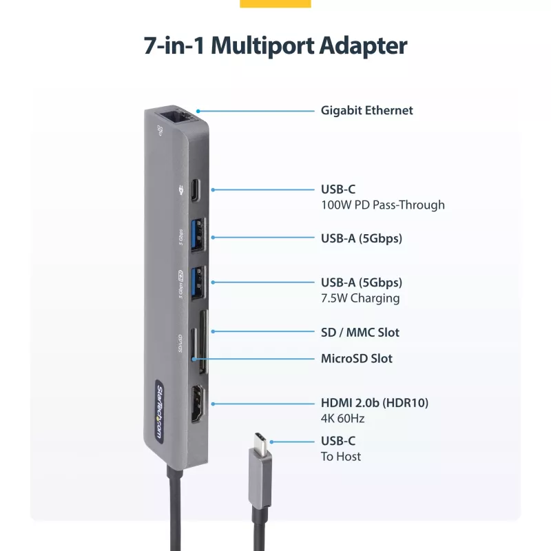 StarTech.com USB-C mitme pordiga adapterijaotur, USB-C -> 4K 60Hz HDMI, gigabitine Ethernet ja 100W sülearvuti laadimine Macbook Pro / Air ja Windows jaoks