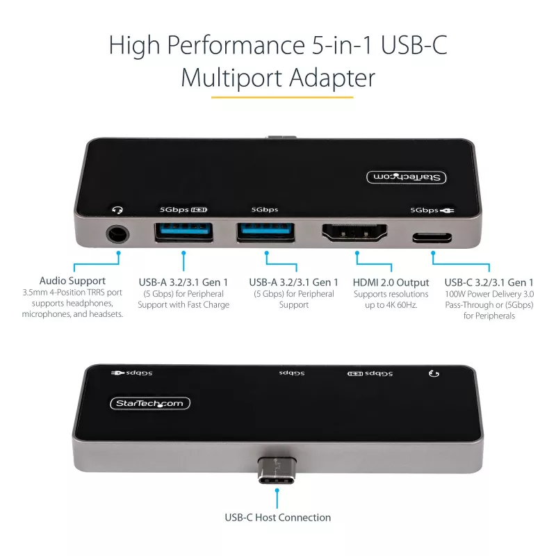 StarTech.com USB C Multiport Adapter - USB-C to 4K 60Hz HDMI 2.0, 100W Power Delivery läbiva laadimine, 3-pordiline USB 3.0 jaotur, heli - USB-C minidokk - kaasaskantav USB USB-C reisidokk