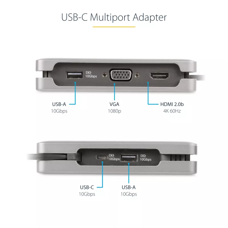 StarTech.com USB-C mitmeportne adapter - HDMI/VGA - 4K 60Hz - 3-pordine USB-jaotur - 100 W toiteedastus - GbE - reisi-minidokkijaam koos laadimisega - 1 jalga/30 cm mähitav kaabel