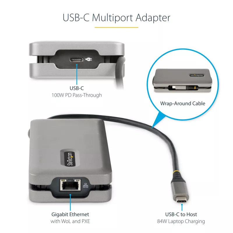 StarTech.com USB-C mitmeportne adapter - HDMI/VGA - 4K 60Hz - 3-pordine USB-jaotur - 100 W toiteedastus - GbE - reisi-minidokkijaam koos laadimisega - 1 jalga/30 cm mähitav kaabel