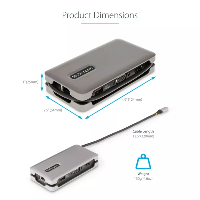 StarTech.com USB-C mitmeportne adapter - HDMI/VGA - 4K 60Hz - 3-pordine USB-jaotur - 100 W toiteedastus - GbE - reisi-minidokkijaam koos laadimisega - 1 jalga/30 cm mähitav kaabel