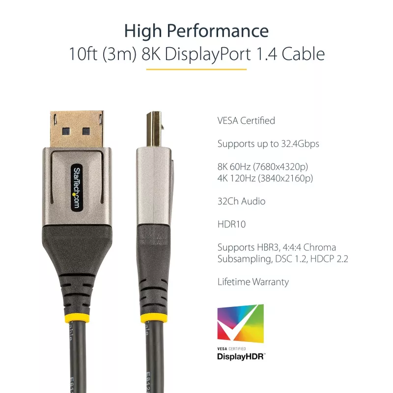 StarTech.com 10 jalga (3 m) VESA-sertifitseeritud DisplayPort 1.4 kaabel - 8K 60Hz HDR10 - Ultra HD 4K 120Hz Video - DP 1.4 kaabel / juhe - Monitoridele/ekraanidele - DisplayPort-DisplayPort kaabel - M/M