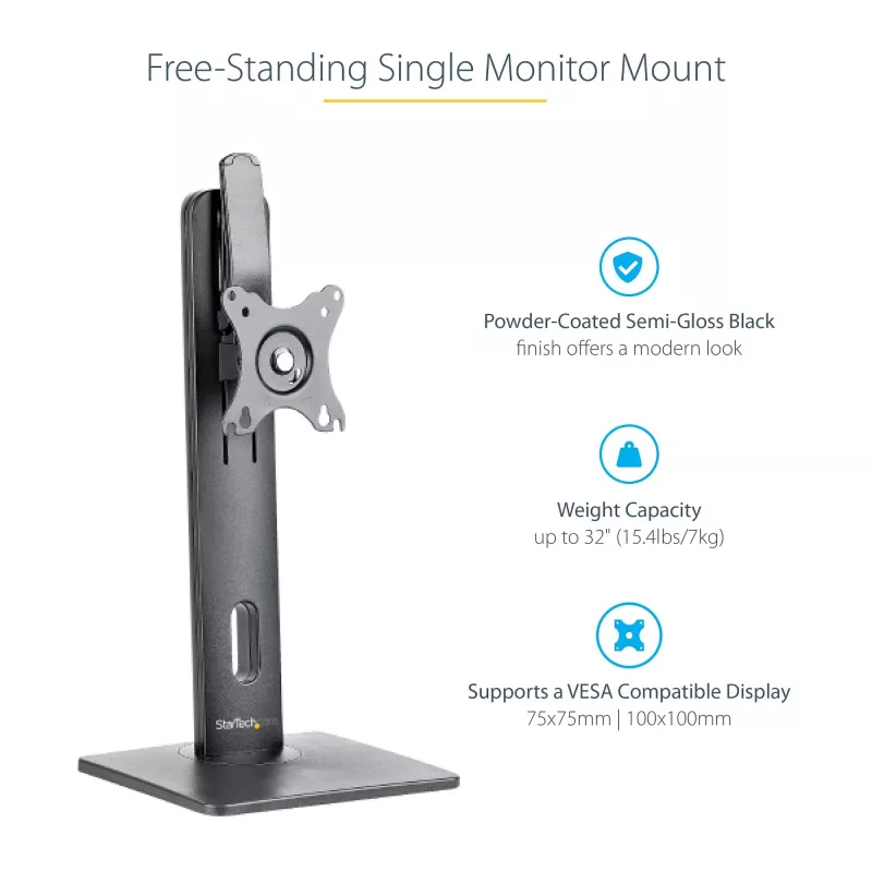 StarTech.com vabalt seisev ühe monitori kinnitus – kõrgusreguleeritav monitorialus – VESA-kinnitusega kuvaritele kuni 32 tolli (15 naela / 7 kg) – ergonoomiline monitorialus lauale – kallutatav/pööratav/keeratav