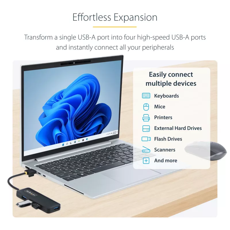 StarTech.com 4-pordiline USB-A jaotur, 5 Gbps, siinivõimsusega, väike reisi-mini-USB-jaotur, mitme pordiga USB 3.0 jagaja, kaasaskantav USB-jaotur, ülevoolukaitse (OCP)