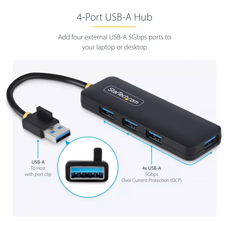 StarTech.com 4-pordiline USB-A jaotur, 5 Gbps, siinivõimsusega, väike reisi-mini-USB-jaotur, mitme pordiga USB 3.0 jagaja, kaasaskantav USB-jaotur, ülevoolukaitse (OCP)