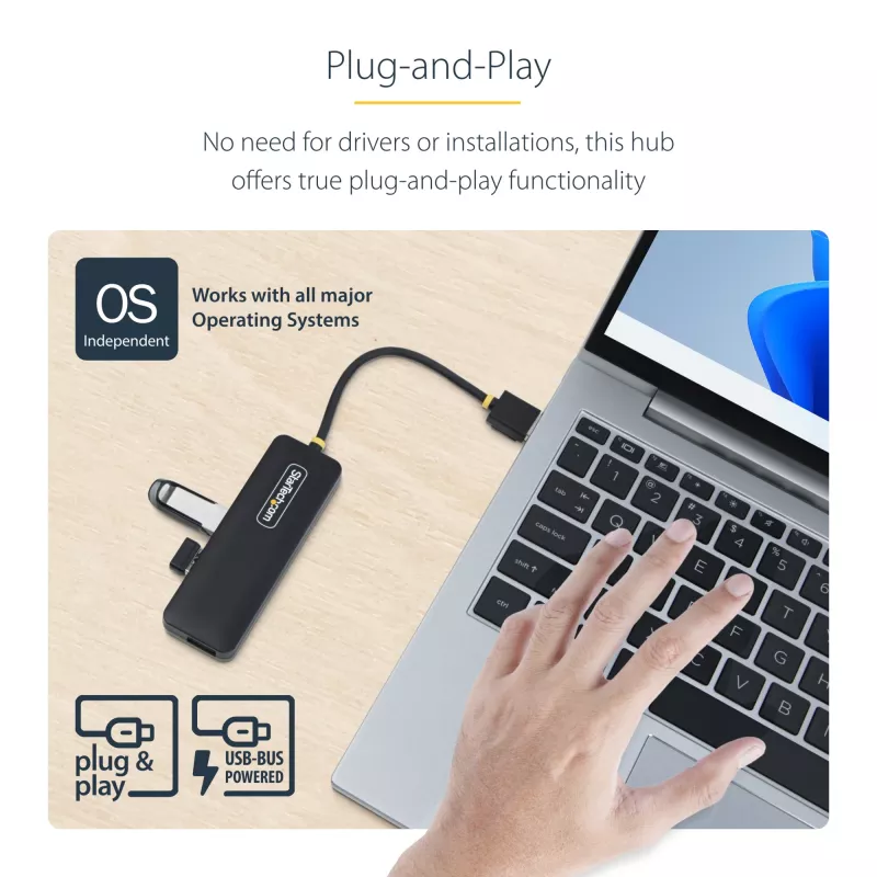 StarTech.com 4-pordiline USB-A jaotur, 5 Gbps, siinivõimsusega, väike reisi-mini-USB-jaotur, mitme pordiga USB 3.0 jagaja, kaasaskantav USB-jaotur, ülevoolukaitse (OCP)