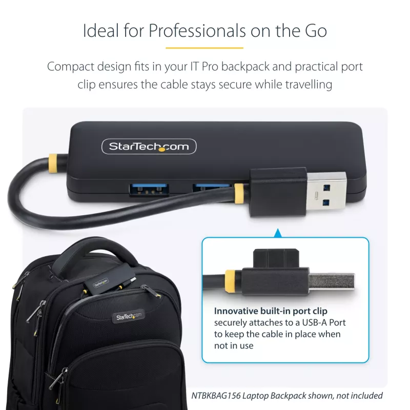 StarTech.com 4-pordiline USB-A jaotur, 5 Gbps, siinivõimsusega, väike reisi-mini-USB-jaotur, mitme pordiga USB 3.0 jagaja, kaasaskantav USB-jaotur, ülevoolukaitse (OCP)