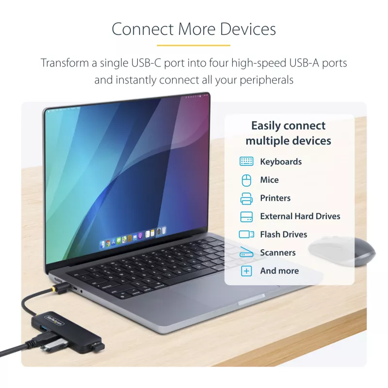 StarTech.com 4-pordiline USB-C jaotur, 5 Gbps, USB-C kuni 4x USB-A, siiniga toidetav, väike reisimini jaotur, mitme pordiga USB 3.0 jaotur, kaasaskantav jaotur, ülevoolukaitse