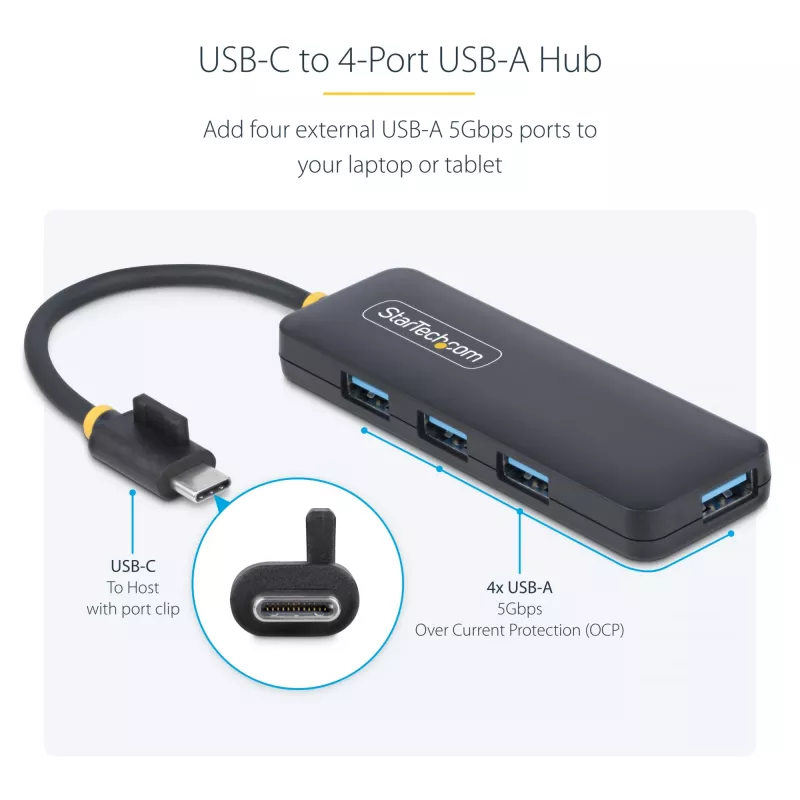 StarTech.com 4-pordiline USB-C jaotur, 5 Gbps, USB-C kuni 4x USB-A, siiniga toidetav, väike reisimini jaotur, mitme pordiga USB 3.0 jaotur, kaasaskantav jaotur, ülevoolukaitse