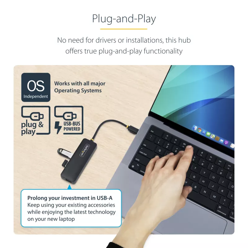 StarTech.com 4-pordiline USB-C jaotur, 5 Gbps, USB-C kuni 4x USB-A, siiniga toidetav, väike reisimini jaotur, mitme pordiga USB 3.0 jaotur, kaasaskantav jaotur, ülevoolukaitse