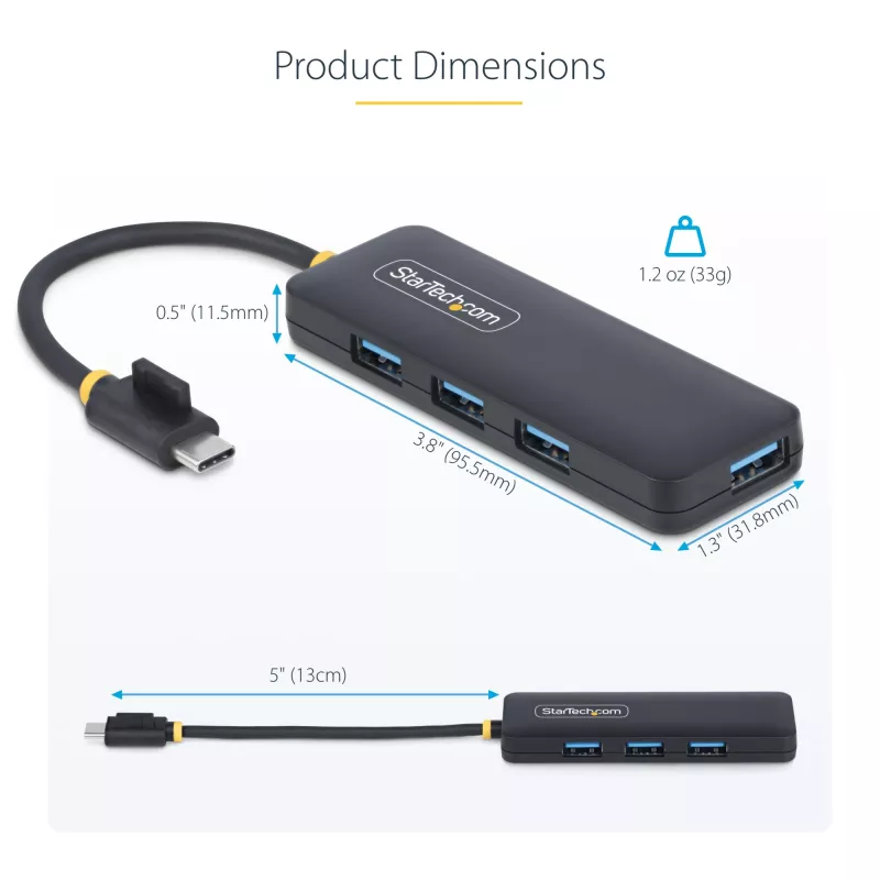 StarTech.com 4-pordiline USB-C jaotur, 5 Gbps, USB-C kuni 4x USB-A, siiniga toidetav, väike reisimini jaotur, mitme pordiga USB 3.0 jaotur, kaasaskantav jaotur, ülevoolukaitse